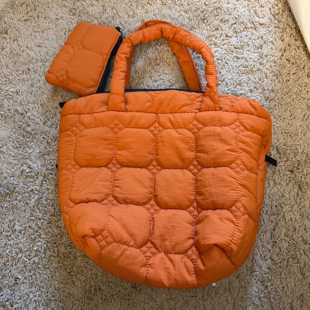 Unbranded Puffer Tote Bag Women Medium Orange‎ Quilted Streetwear Padded Handbag
